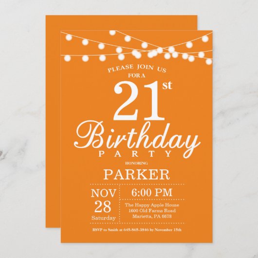 21e anniversaire Invitation Orange (Devant / Derrière)
