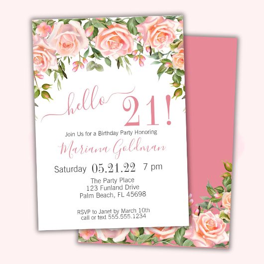 21e anniversaire Invitations Pink Floral Modern Pa