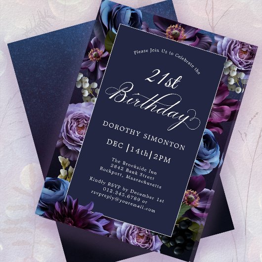 21e anniversaire Moody Purple Flower Invitation