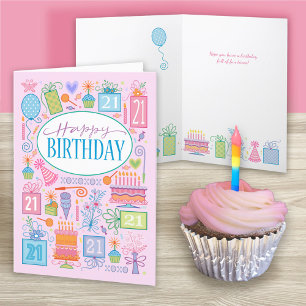 21e Anniversaire Pastel Lumineux Icônes Sur Carte 