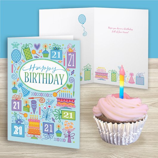 21e Anniversaire Pastel Lumineux Icônes Sur Carte 