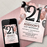 21e anniversaire Rose Gold Ballons Invitation<br><div class="desc">Une fête, une fête entière, et rien d'autre qu'une fête. C'est ce qu'il y a dans cette conception d'anniversaire. Avec ses numéros audacieux et sa typographie élégante entourée de ballons, ce design est aussi chic, tendance et flirtant qu'elle l'est. L'or rose et les couleurs noires confèrent à l'ensemble un aspect...</div>
