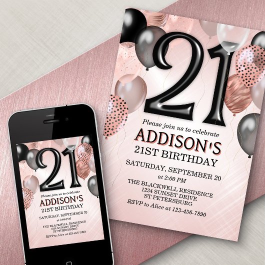 21e anniversaire Rose Gold Ballons Invitation