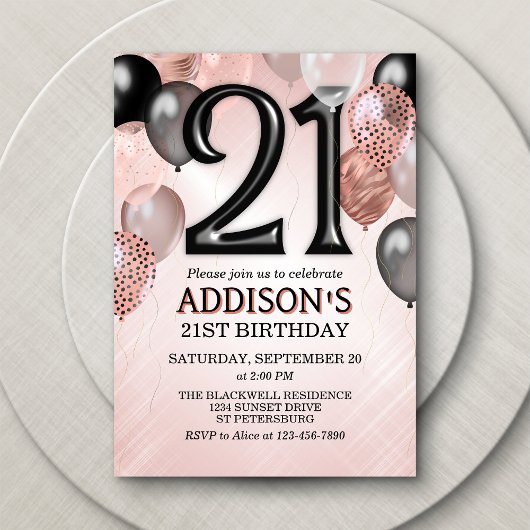 21e anniversaire Rose Gold Ballons Invitation