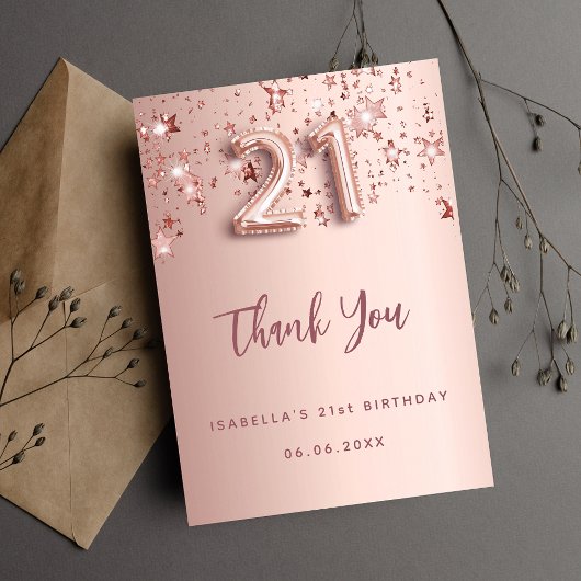 21e anniversaire rose or étoiles carte de remercie