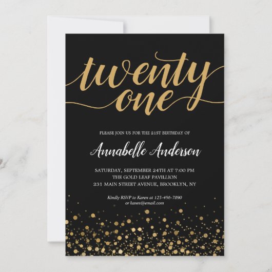 21e 'Birthday' modern zwart Gold Confetti script Kaart (Voorkant)