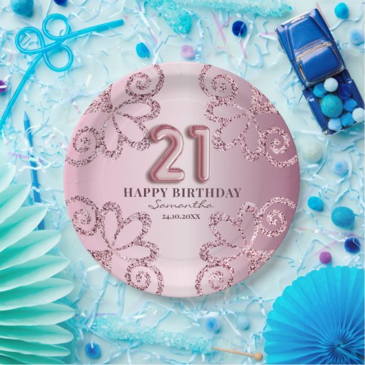 21e Birthday Pink Princess Glitter-ballonscript Papieren Bordje (Feest)