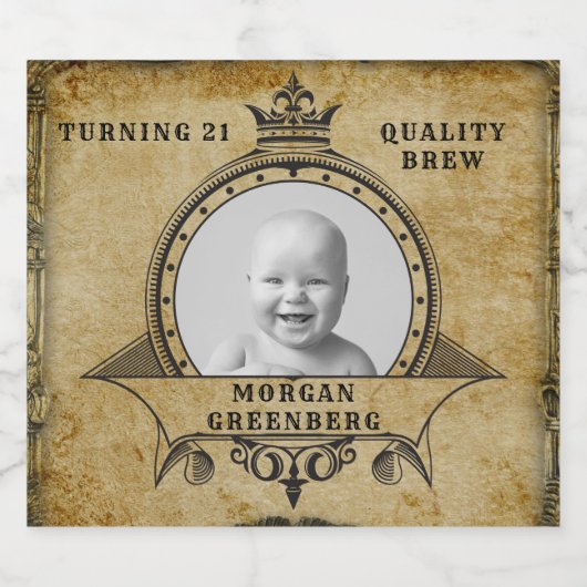 21e Birthday Retro Monogram toevoegen Foto Bier Etiket (Enkel label)