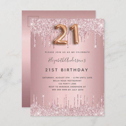 21e Birthday roze stoffige roos glitter druppelt l Uitnodiging Briefkaart (Voorkant / Achterkant)