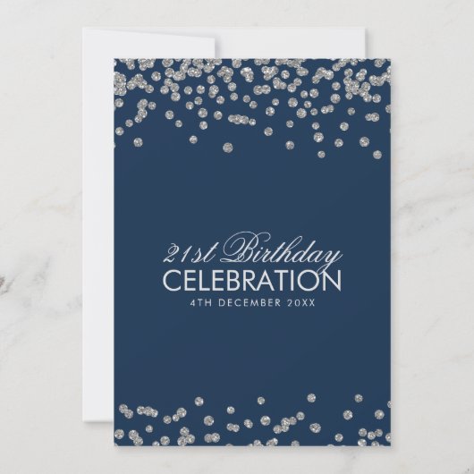 21e Birthday Silver Navy Blue Glitter Confetti Kaart (Achterkant)