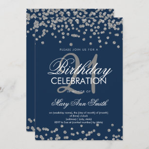 21e Birthday Silver Navy Blue Glitter Confetti Kaart