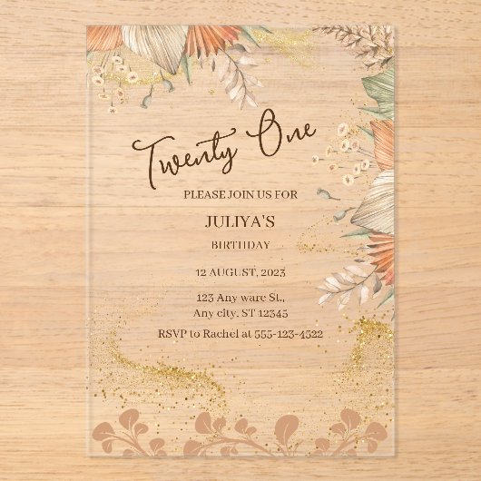21e Boheemse verjaardagsfeest goud Acryl Uitnodigingen (Voorkant)