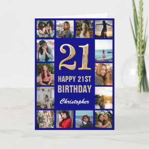 21e Happy Birthday Navy Blue & Gold Photo Collage Kaart