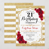 21e Invitation Anniversaire Or White Stripes Roses (Devant / Derrière)