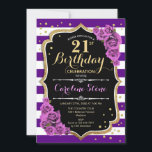 21e Invitation Anniversaire Purple Gold avec Roses<br><div class="desc">21e anniversaire invitation pour les femmes. Design élégant violet avec de l'or de parties scintillant imitation. Carte d'invitation d'anniversaire pour adultes Milestone avec rayures,  roses violets et police de script. Parfait pour une célébration anniversaire élégante.</div>