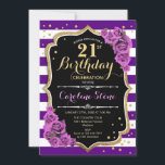 21e Invitation Anniversaire Purple Gold avec Roses<br><div class="desc">21e anniversaire invitation pour les femmes. Design élégant violet avec de l'or de parties scintillant imitation. Carte d'invitation d'anniversaire pour adultes Milestone avec rayures,  roses violets et police de script. Parfait pour une célébration anniversaire élégante.</div>