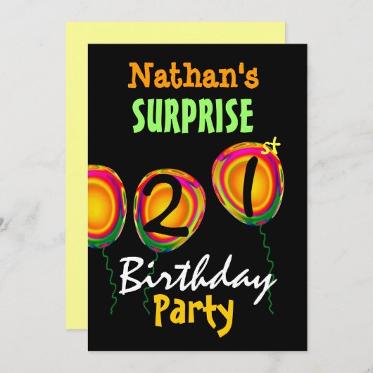 21e Invitation aux ballons d'anniversaire SURPRISE (Devant / Derrière)