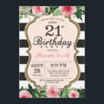 21e Invitation d'anniversaire. Noir d'or rose flor<br><div class="desc">21e Invitation d'anniversaire pour les femmes. Invitation de la fête d'anniversaire Black and Gold. Parties scintillant d'or. Fleur florale d'aquarelle rose. Grandes taches noires et blanches. Numérique imprimable.
Pour plus de personnalisation,  cliquez sur le bouton "Customiser" et utilisez notre outil de conception pour modifier ce modèle.</div>