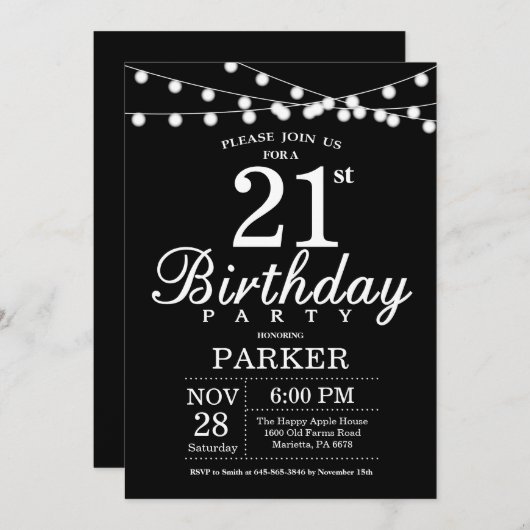21e Invitation d'anniversaire noir et blanc (Devant / Derrière)