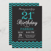21e Invitation d'anniversaire Noir et Turquoise (Devant / Derrière)