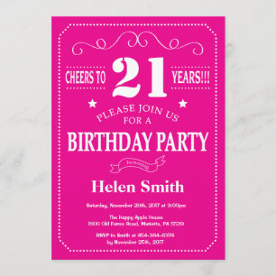 21e Invitation d'anniversaire rose et blanc