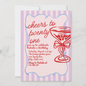 21e Rode Roze Hand getrokken Champagne Glas Verjaa Kaart (Voorkant)