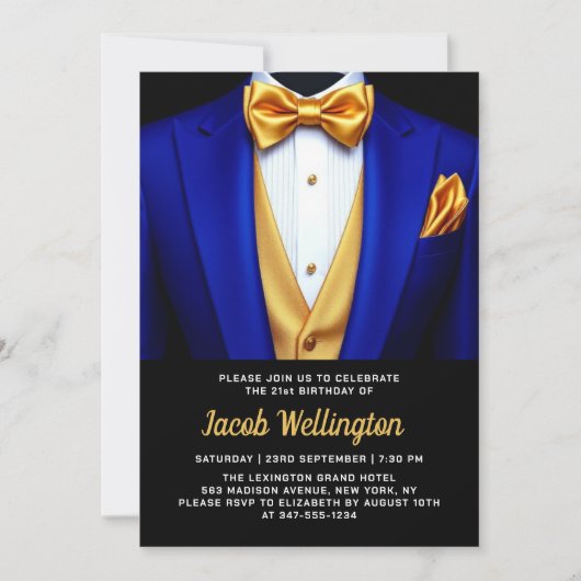 21e Royal Blue en Gold Tuxedo verjaardagsevenement Kaart (Voorkant)