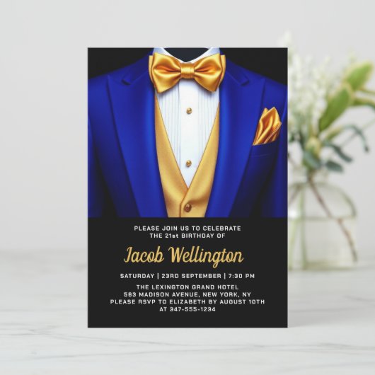 21e Royal Blue en Gold Tuxedo verjaardagsevenement Kaart (Staand voorkant)
