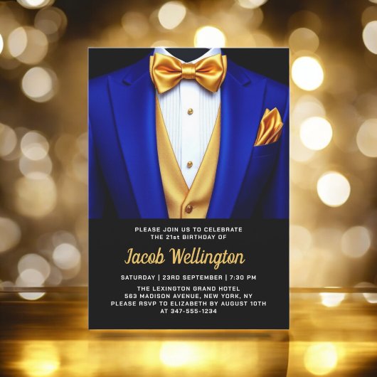 21e Royal Blue en Gold Tuxedo verjaardagsevenement Kaart