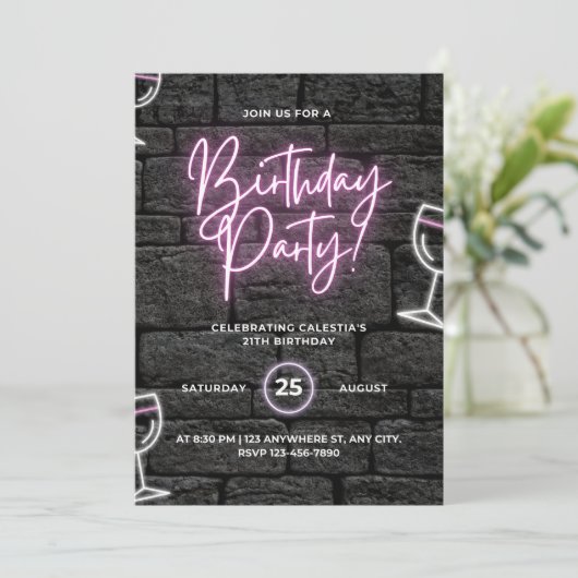 21e Roze Neon Verjaardag Uitnodiging (Staand voorkant)