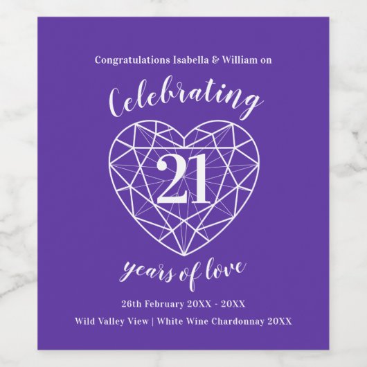 21e trouwdag paarse Iolite Edelsteen Wijn Etiket (Enkel label)