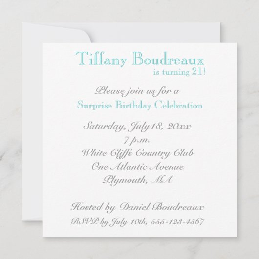 21e uitnodiging van de Birthday Party - Aqua (Achterkant)