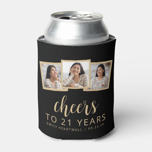 21e verjaardag 3-foto zwart goud script juichen blikjeskoeler (Blikje Voorkant)