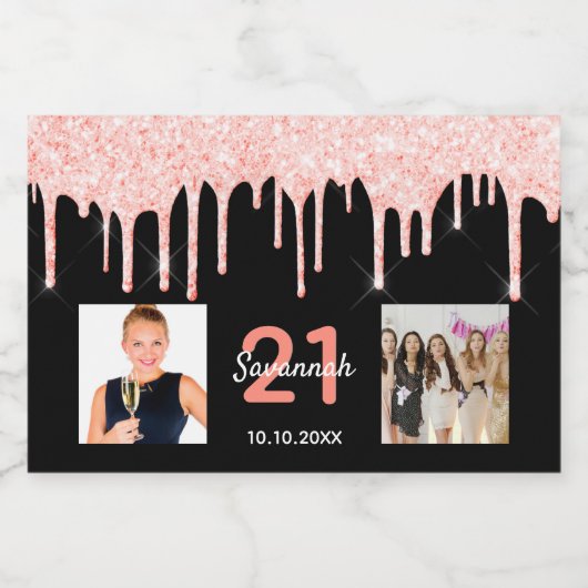 21e verjaardag aangepaste foto glitter zwart roos sparkling wijnetiket (Enkel label)