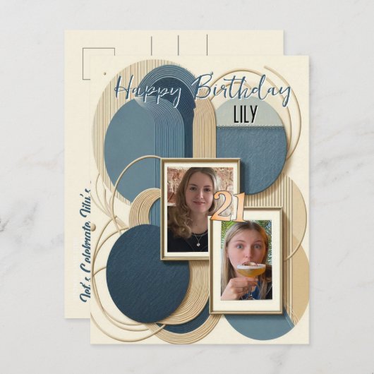 21e verjaardag Amandelbloesem blauw-crème Uitnodig Uitnodiging Briefkaart (Voorkant / Achterkant)