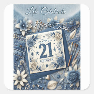 21e verjaardag Amandelbloesem blauw-crème Vierkante Sticker