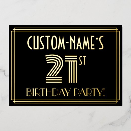 21e verjaardag — Art Deco Style "21" + Naam Folie Uitnodiging (Voorkant)