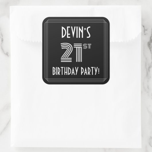 21e verjaardag: Art Deco Style en aangepaste naam Vierkante Sticker (Tas)