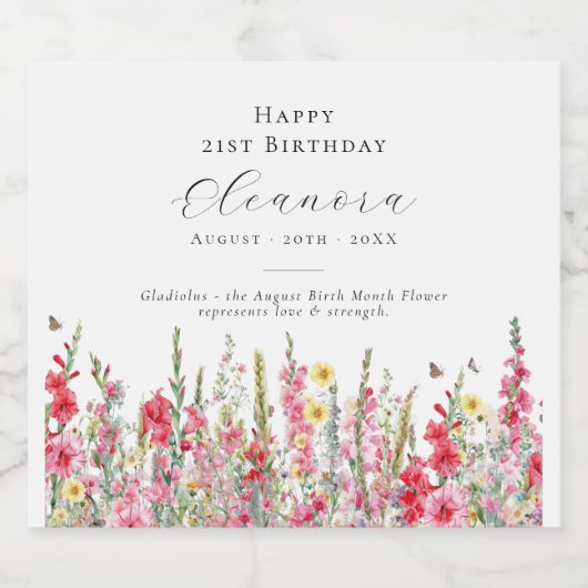 21e Verjaardag Augustus Geboorte Bloem Party Suppl Sparkling Wijnetiket (Enkel label)