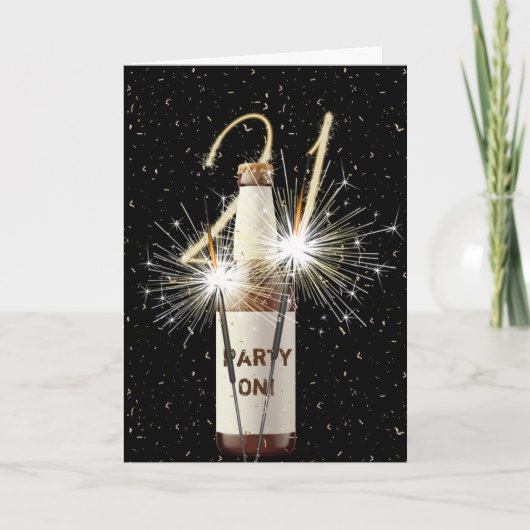 21e verjaardag bier en sparkler op zwart kaart (Voorkant)