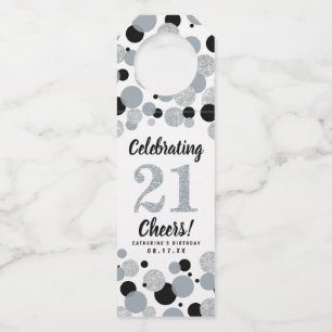21e Verjaardag Black Grey Silver Glitter Confetti Flessenhanger