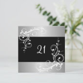 21e verjaardag Black Silver White Floral Kaart (Staand voorkant)