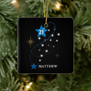 21e verjaardag blauw en zwart gepersonaliseerd keramisch ornament