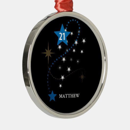 21e verjaardag blauw en zwart gepersonaliseerd metalen ornament (Rechts)