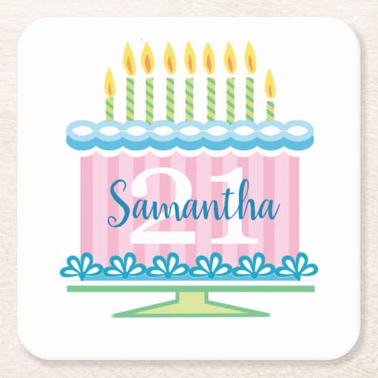 21e verjaardag Blauw Roze Taart Vierkante Kartonnen Onderzetter (Voorkant)