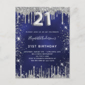 21e verjaardag blauw zilverglitter glitter stofgla uitnodiging briefkaart (Voorkant)