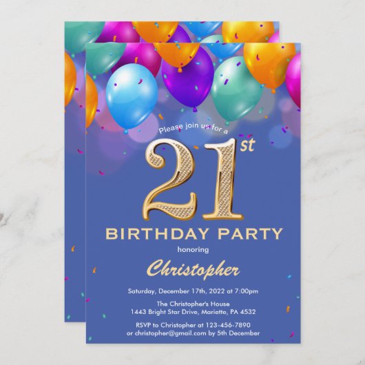 21e verjaardag Blauwe en goudkleurige ballonnen Kaart (Voorkant / Achterkant)