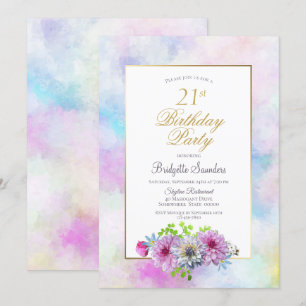 21e verjaardag Blauwe roze Floral Gold Pastel Bord Kaart
