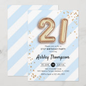 21e verjaardag - Blauwe Strepen Gouden Ballonnen Kaart (Voorkant / Achterkant)