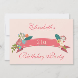 21e verjaardag  bloemen roze banner kaart